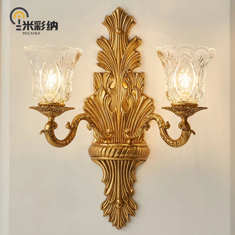 

French luxury retro copper wall lamp European villa living room bedroom bedside lamp light luxury simple dewaxed copper lamp