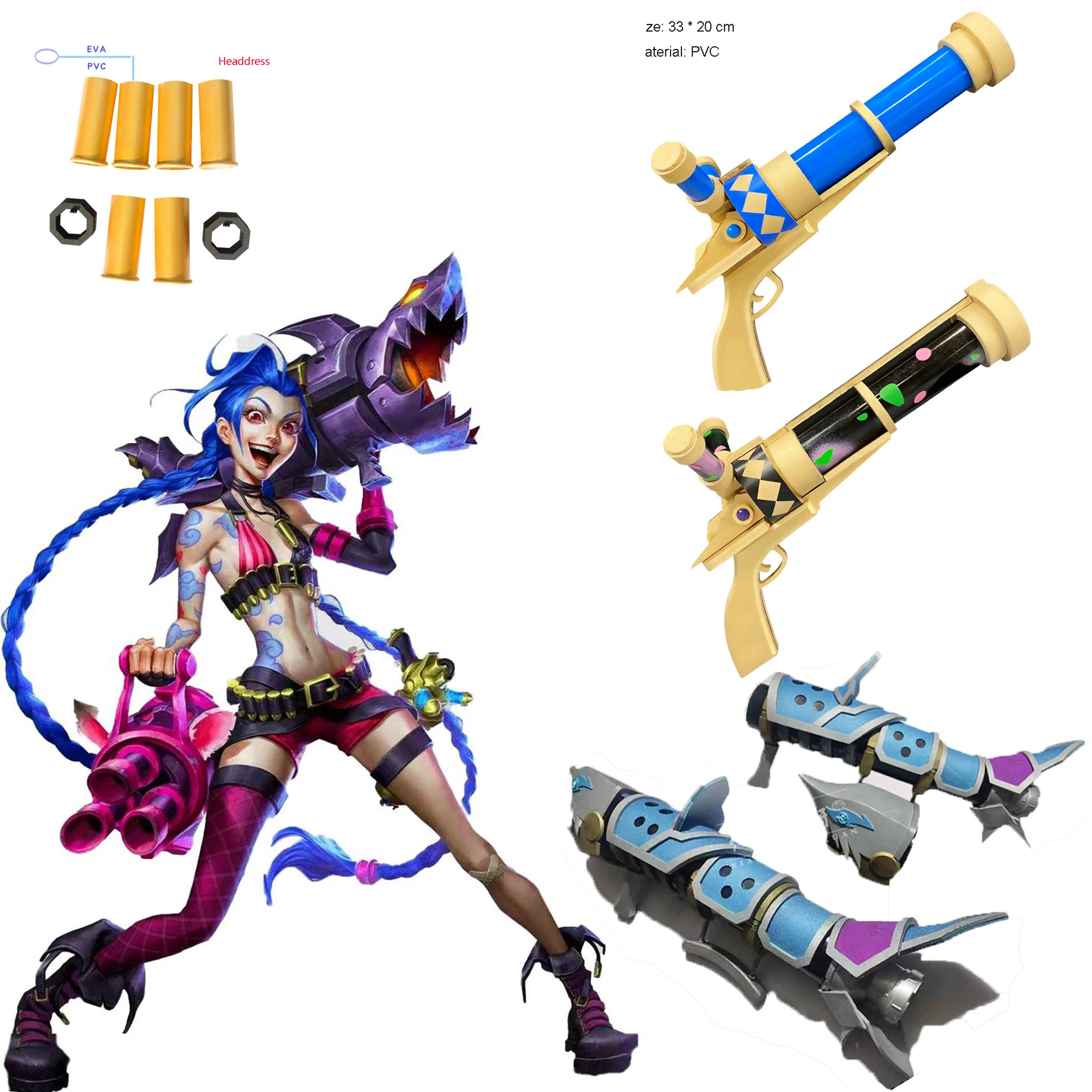 

LoL Arcane Jinx Cosplay Arms Props BaoBao Vi Sister Cosplay Gun LOL Arcane Jinx blue wigs for Halloween LOL Arcane Vi/Jinx Props