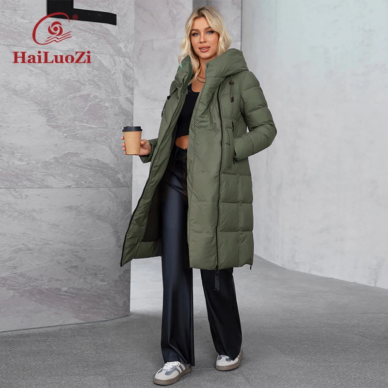 HaiLuoZi 2024 New Women's Winter Cotton Jacket Slash Pockets Hooded Warm Parka Solid Color Quilted Women's Jacket 1318