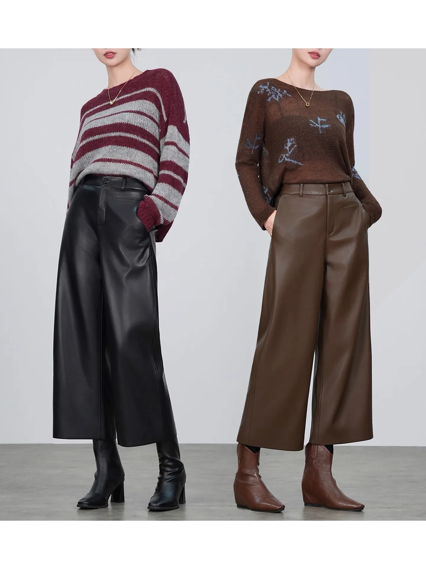 

Cool Leather Wide Leg Pants High Waist Straight Cut Bla Genuine Leather Nine Point Pants Thiened Autumn Winter Faionabl...