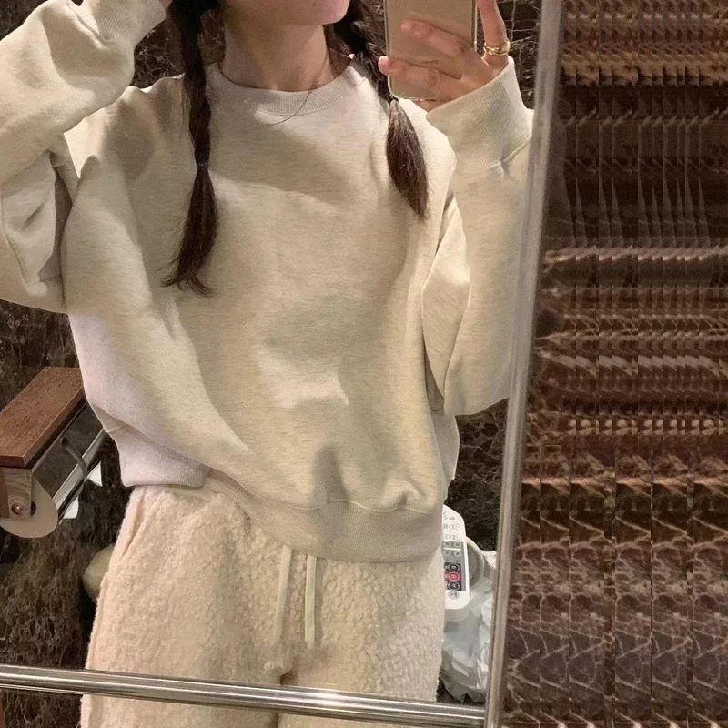 Grey Letter Print round Neck Short Sleeve Women's Sweatshirt Spring Outerwear Long Sleeve Hoodie Commute Style Loose Fit