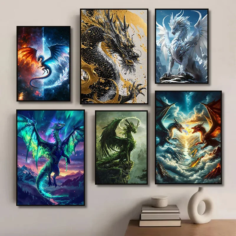 2026--Abstract Fantasy Animals Golden Dragon Poster Canvas Painting Oriental Dragons Wall Art Pictures Living Room Home Decor