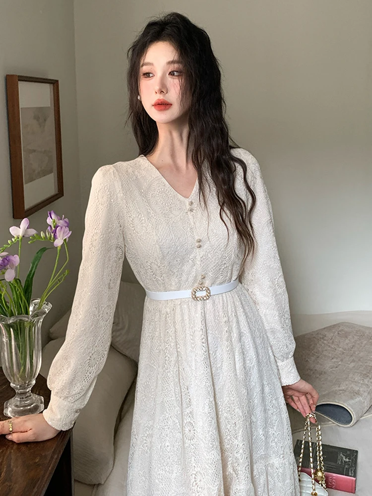 Roupas femininas doce renda flor bordado com decote em v fino a linha vestido longo elegante senhora moda vestidos robe casual outono coreano