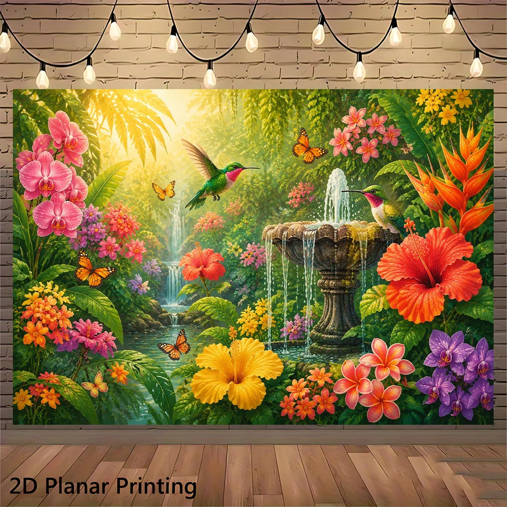 Tropical Garden Hummingbird Butterfly Fountain Flower Tapestry 2DFlat Printing WallHanging Backdrop for Bedroom Living RoomDecor