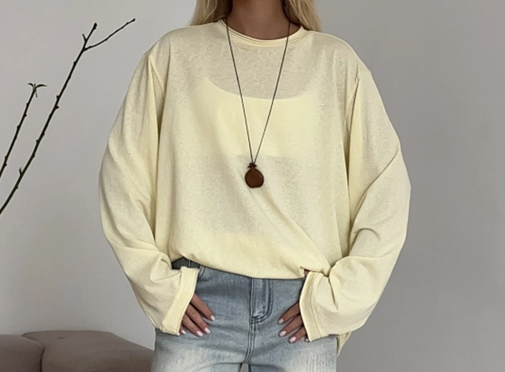 بلون طويل الأكمام المرأة 2025 الخريف والشتاء قاعدة فضفاضة تي شيرت علوي جولة الرقبة طويلة الأكمام تي شيرت #1