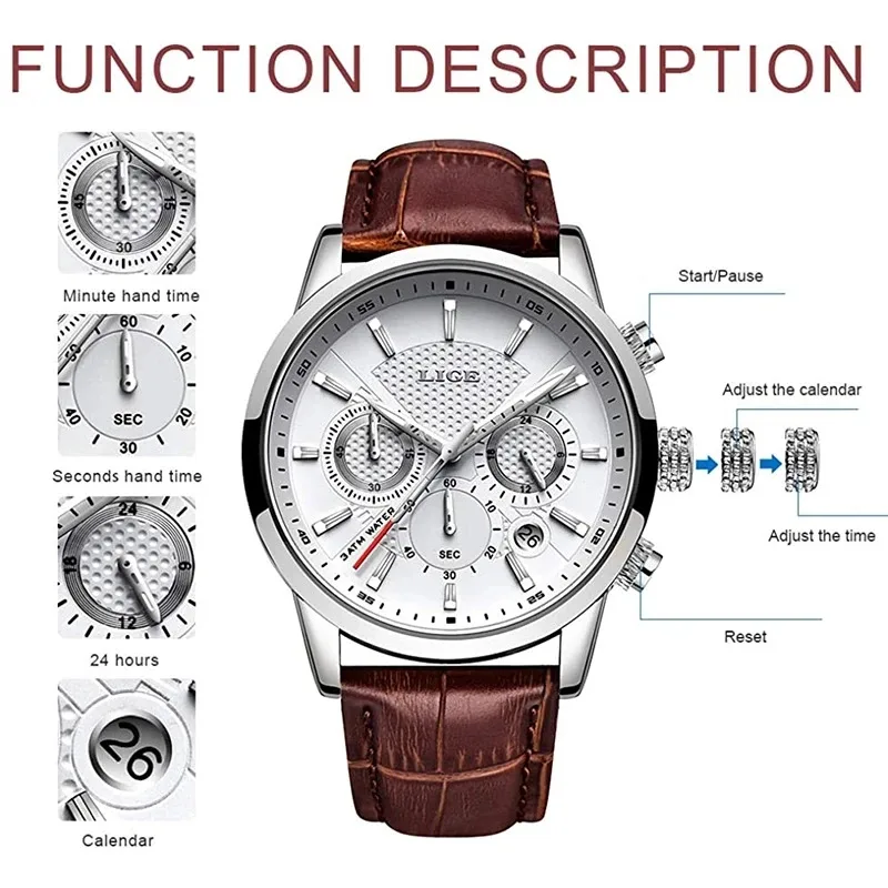 Man Watch LIGE Brand Luxury Casual Leather Quartz Watches for Men Fashion Business Clocks Male Sport Waterproof Date Chronograph