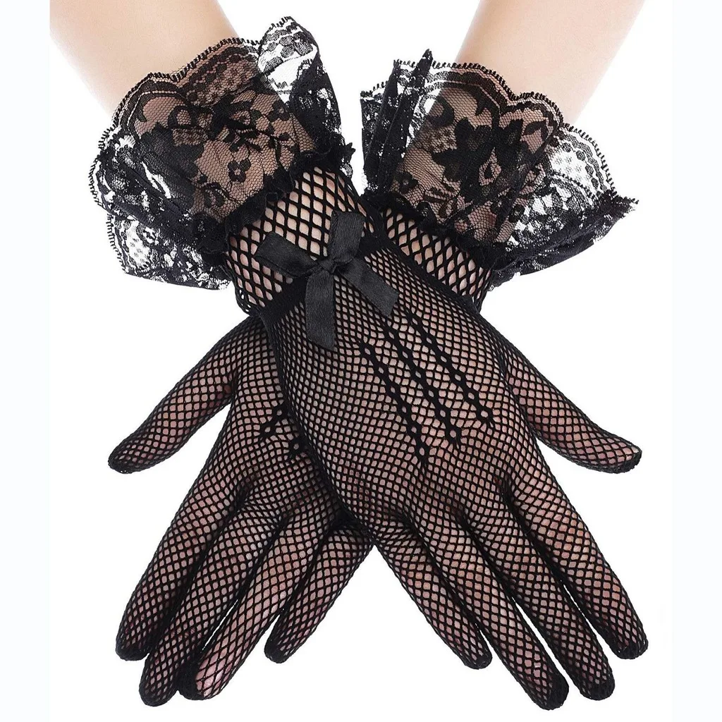 Short Lace Fishnet Gloves Sweet Lolita Style Mesh Wrist Gloves with Bowknot Women Performance Party Dress Up Accessories