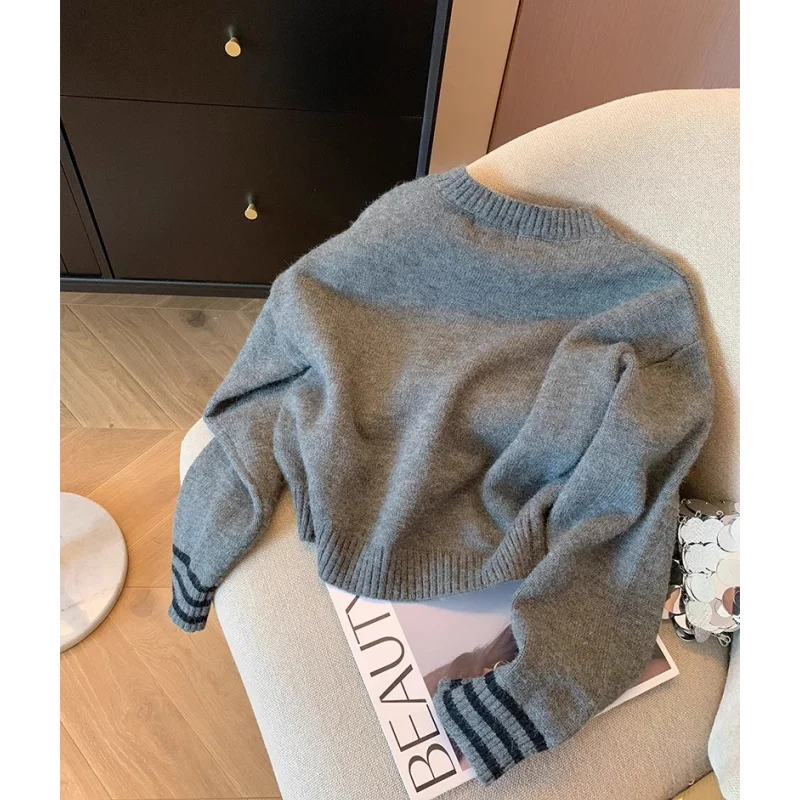 Grey Pullover Women\'s Clothing Knitting Sweater Cashmere Vintage Embroidery Printing Round Neck Fashion Baggy Female Autumn Tops