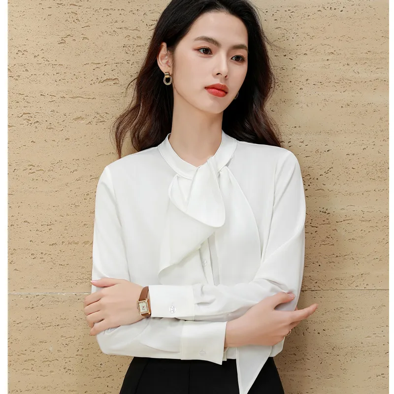 NAVIU Chic Fashion Bibbon Design Long Sleeve Blouses Women Elegant Office Lady Chiffon Shirts Basic Tops Blusas Mujer De Moda