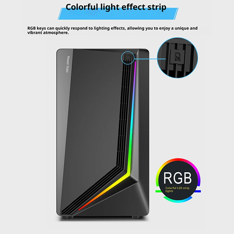 Power Train Zhijie V3 M-ATX RGB Colorful Light Strip ITX PC Gaming Case Side Transparent 240 Water Cooling Desktop Computer Case