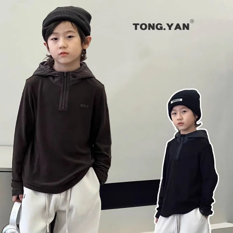 

2024Boys' autumn and winter new hooded warm top, children's handsome German velvet comfortable base shirt