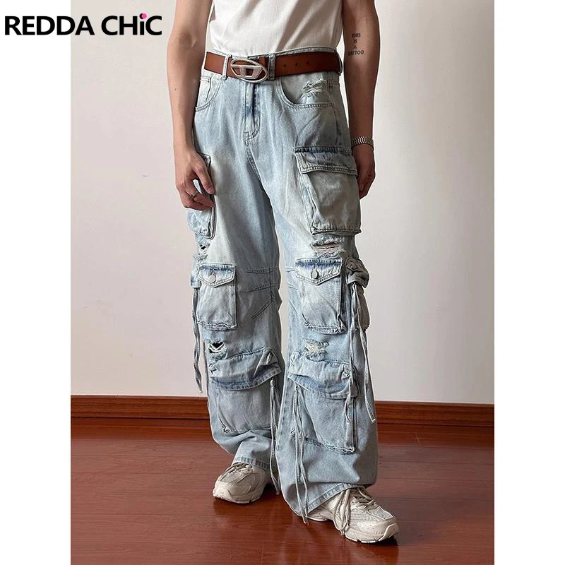 REDDACHIC Men Function Pockets Baggy Jeans Distressed Ripped Trousers Wide Leg Oversize Pants Hip Hop 90s Skater Cargo Workwear