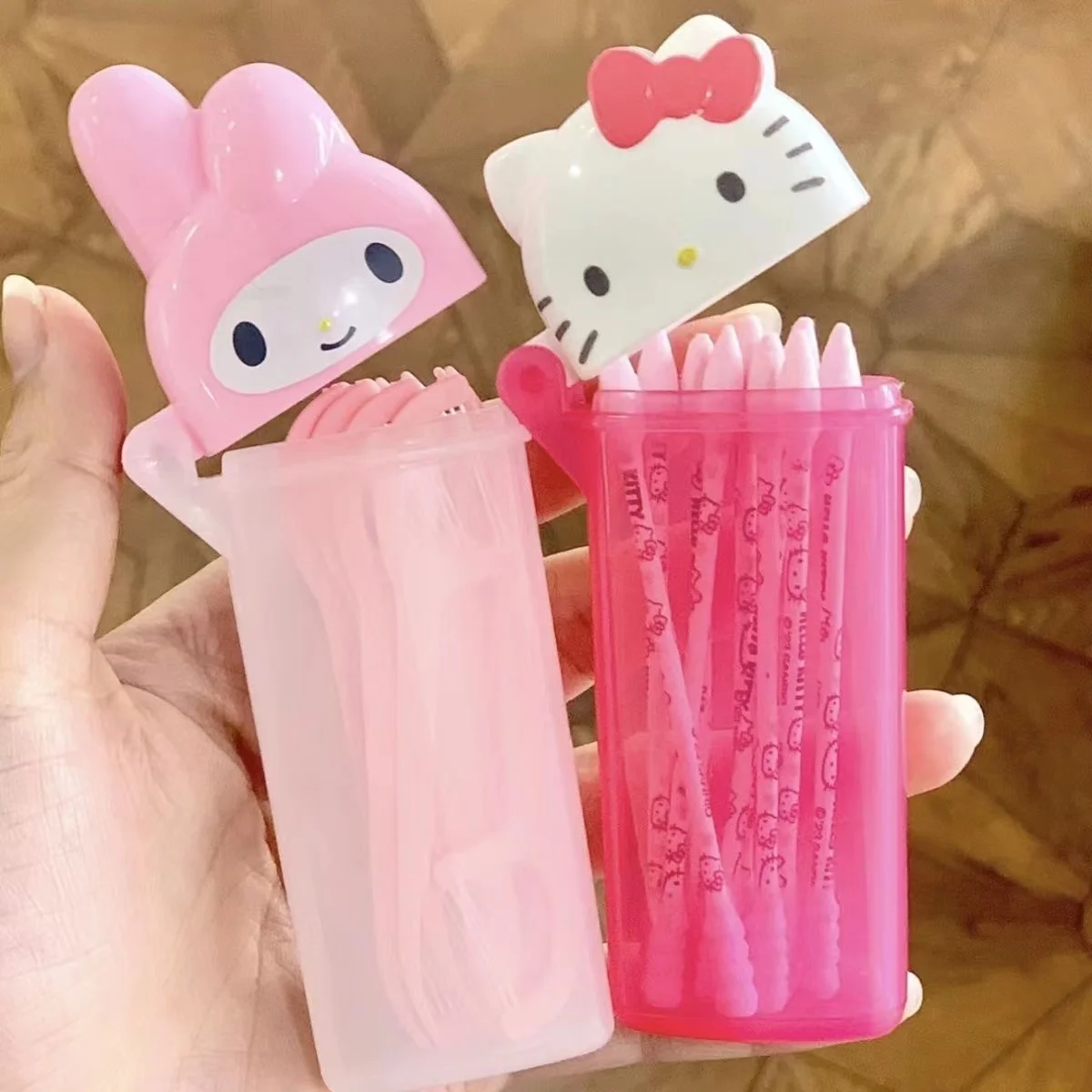 

Sanrio Hello Kitty Storage Box Kawaii Cute Anime My Melody Toothpick Cosmetic Swab Storage Box Portable Travel Mini Container