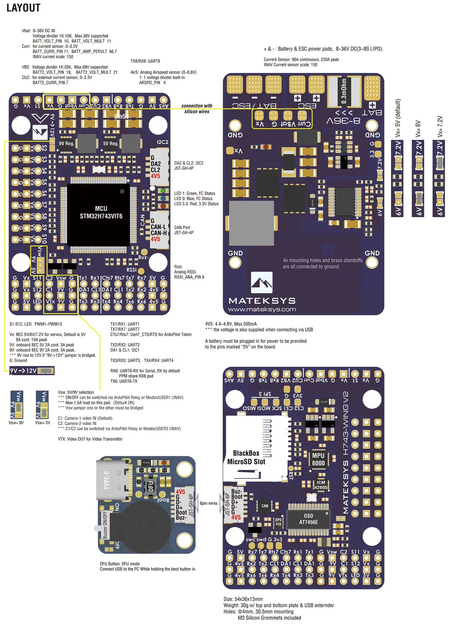 Sistema MATEK H743-WING V3 3-8S STM32H743VIT6 controlador de vuelo OSD Baro incorporado para Dron de ala fija de avión multirotor RC