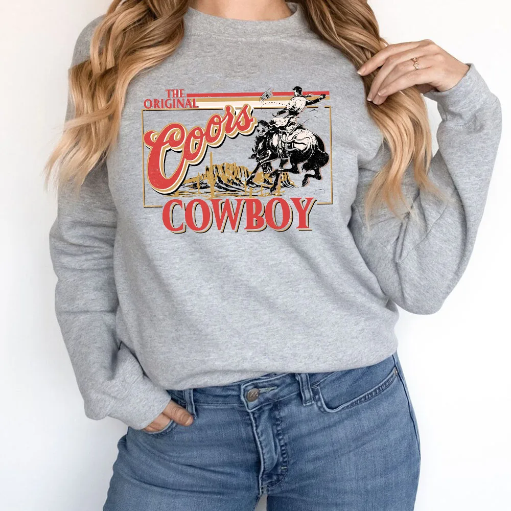 2023 Autumn Vintage Style Cowboy Printing Crewneck Sweatshirt Unisex Loose Cotton Thick Warm Women Pullovers Casual Western Tops