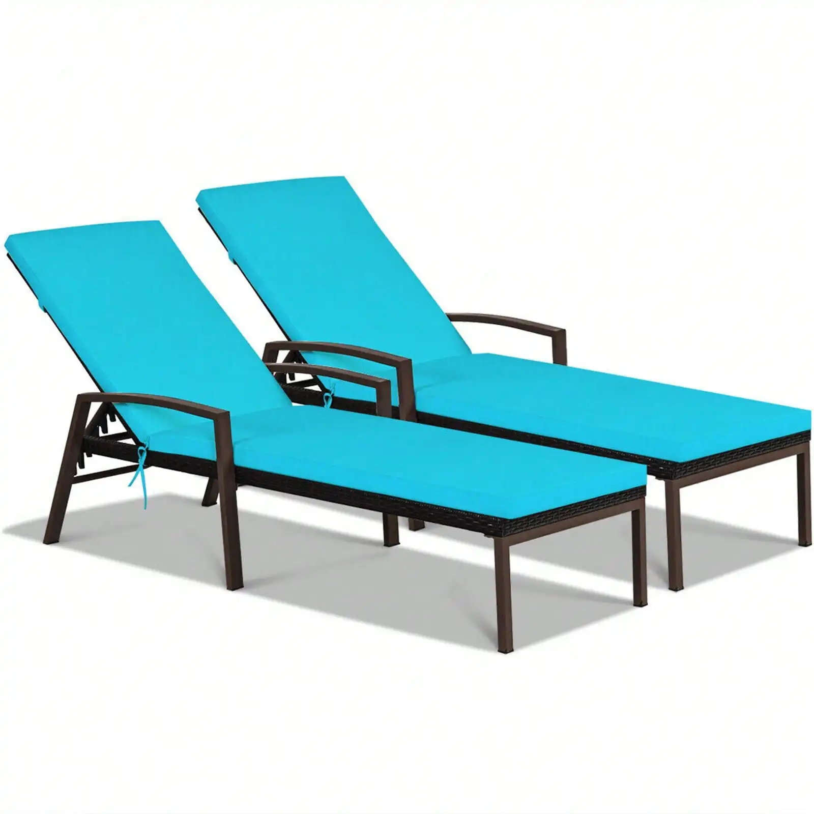 2PCS Adjustable Patio Rattan Chaise Recliner Lounge Chair w/ Turquoise Cushion