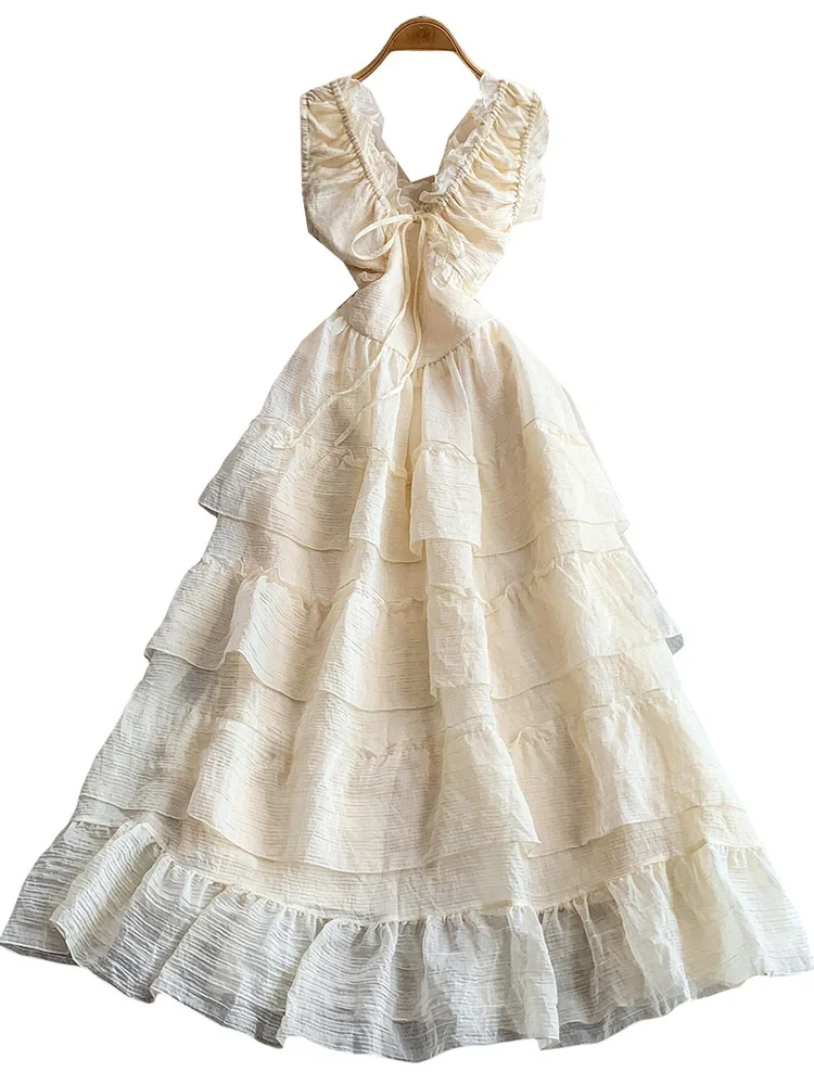 Vestido F Sem Mangas com Decote em V e Cordão, Saia em Camadas de Renda de Cintura Alta, Vestido de Verão A-line para ...