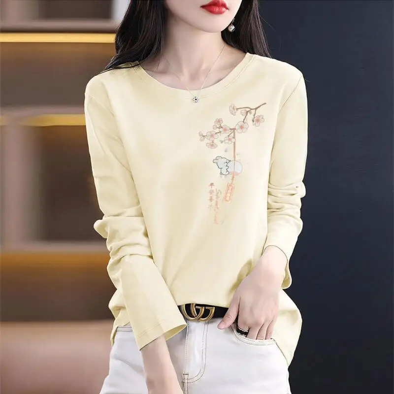 الشباب المرأة طويلة الأكمام تي شيرت ربيع الخريف موضة الاتجاه امرأة الملابس الترفيه بسيط تيز فضفاض ملابس علوية من القطن منتجات جديدة