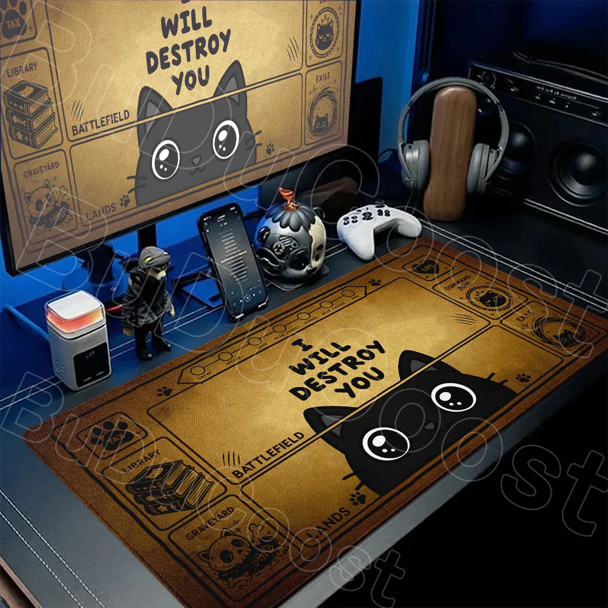 Black Cat Cartoon Pattern MTG TCG Trading Card Desk Pad Large Party Gathering Playmat Lockedge Computer Office Non-slip Mousepad