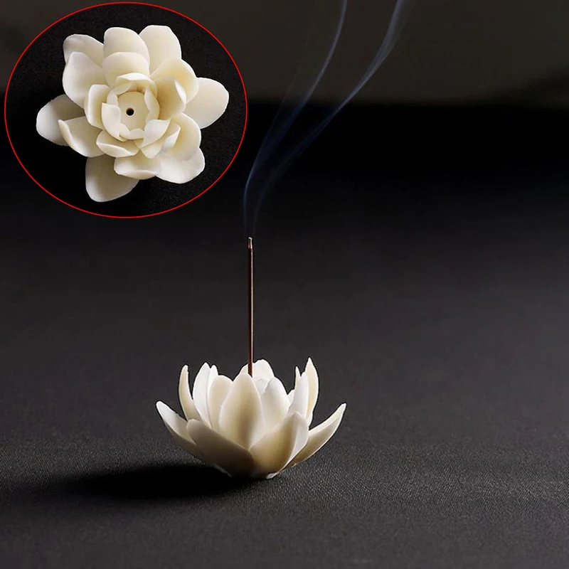 1PC Ceramic White Lotus Incense Burner Sandal Wood Ornaments Home Stick Holder Aromatherapy