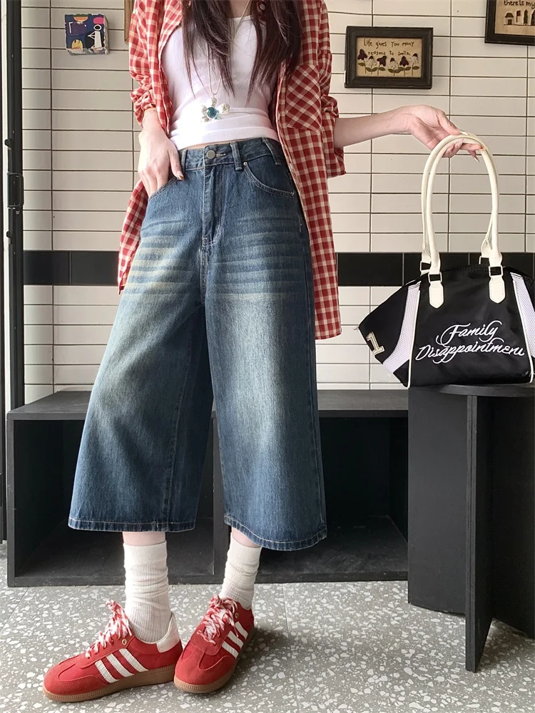 

Retro Faded Washed Blue Jeans High Waist Wide Leg Seven Inch Spring Women's Clothing Commute Style High Elasticity Spring Season