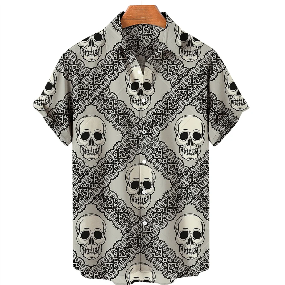 Hawaiihemd mit Totenkopf-Print, kurzärmelig, locker geschnitten, atmungsaktiv, Hip-Hop-Stil, schnelltrocknend, bequemes Herrenhemd für den Strand – Detail 15