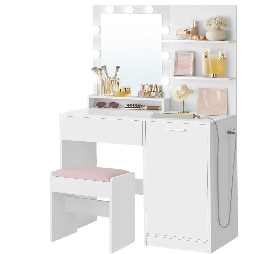 

Makeup table with mirror and light, 35.4-inch wide, equipped with soft cushioned makeup bench, power outlet, dimmable
