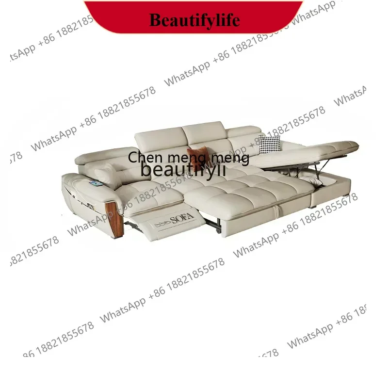 z183   New Multi-Functional Electric Leather Sofa Bed Dual-Use Folding Retractable Living Room Straight Row Small Apartment Sing