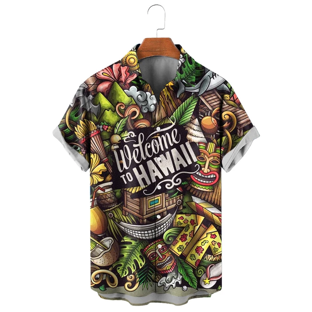 

HX Fashion Men's Shirts Welcome To Hawaii Short Sleeve Shirt Mask Polynesia Graphic Beach Casual Tops Ropa Hombre