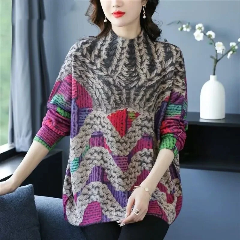 Artistic Style Imitation Mink Velvet Knitted Sweater Women's Retro Floral Loose Sweater AutumnWinter Casual Pullover Knit Jumper