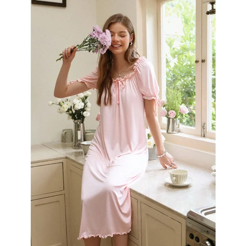 Solid Color Ruffled Square Neck Loose Long Night Gown Holiday Season