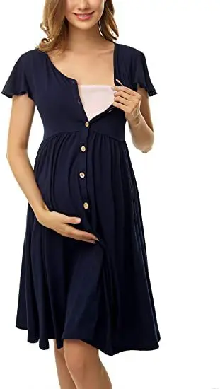 Maternity V Neck Breastfeeding Dress Maternity Nursing Dress Pajamas Maternity Breastfeeding Short Sleeve Dress