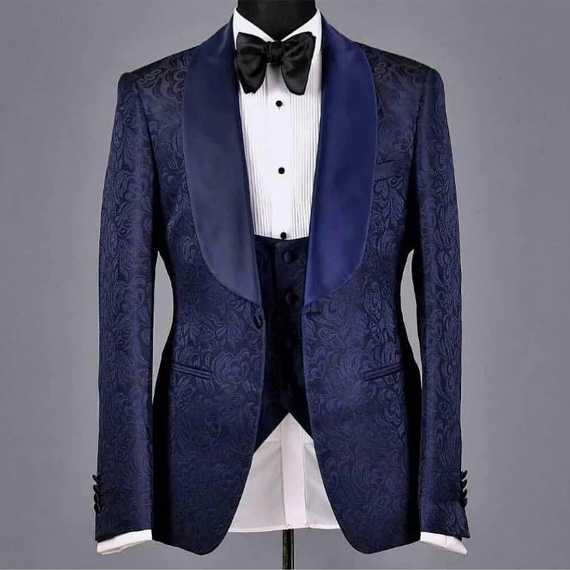 Navy Men's Suits Tailored 3 Pieces Blazer Vest Pants One Button Sheer Satin Lapel Wedding Formal Jacquard Customized Plus Size