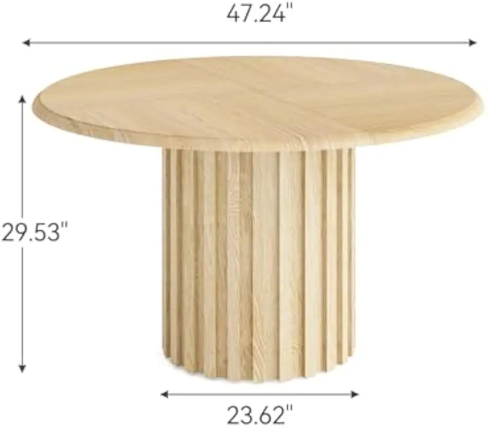 Mesa de comedor redonda de 47 pulgadas para 4, mesas de comedor de madera natural con pedestal estriado, mesa de comedor de cocina circular para