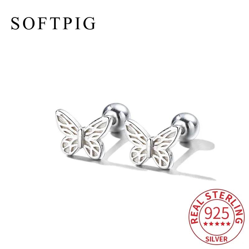 

SOFTPIG Real 925 Sterling Silver Piercing Screw Bead Mini Butterfly Stud Earrings for Women OL Fine Jewelry Animal Accessories