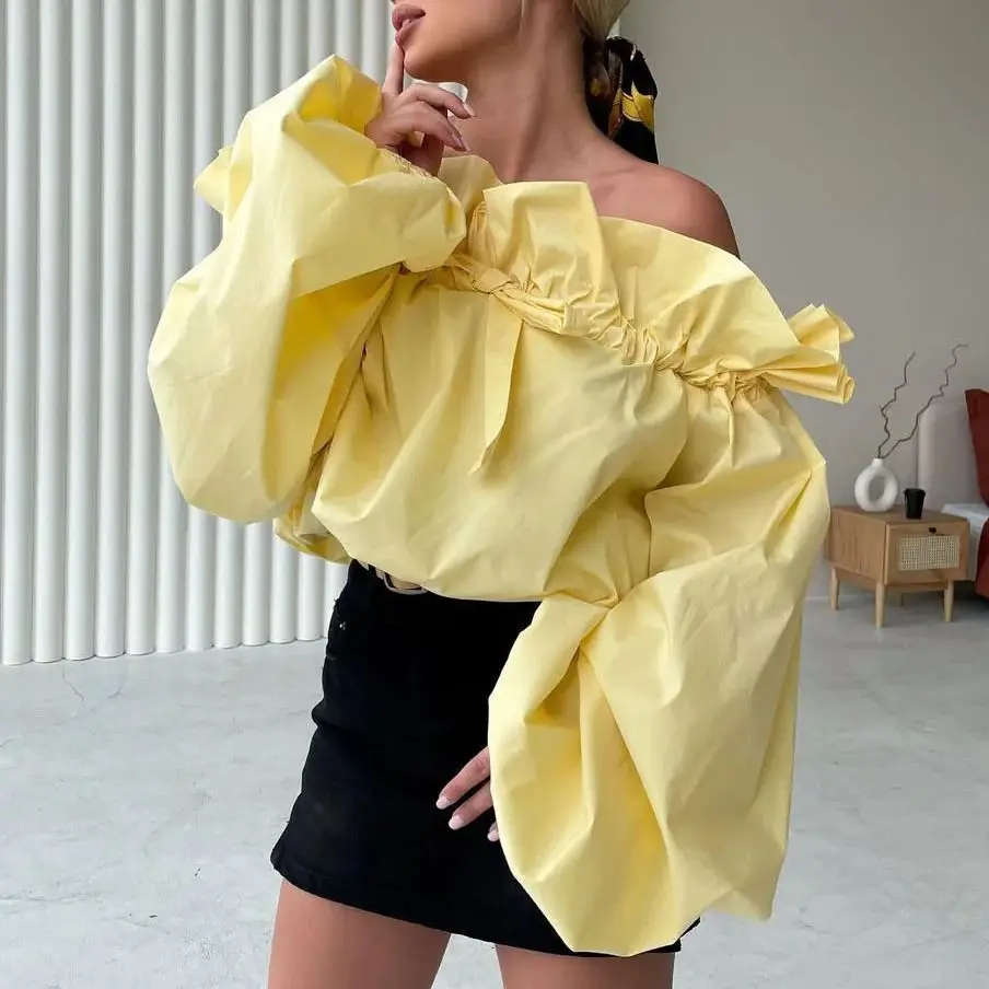 

Sweet Pure Blouse For Women Off The Shoulder Tops 2025 Solid Color Casual Ruffle Bow Drawstring Shirt Long Sleeve Blusas