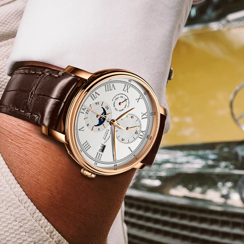 BORMAN Leather Moon Phase Leather Luxury Automatic Men Wristwatch Leather Strap 50m Water Resistant Mechanical Watches
