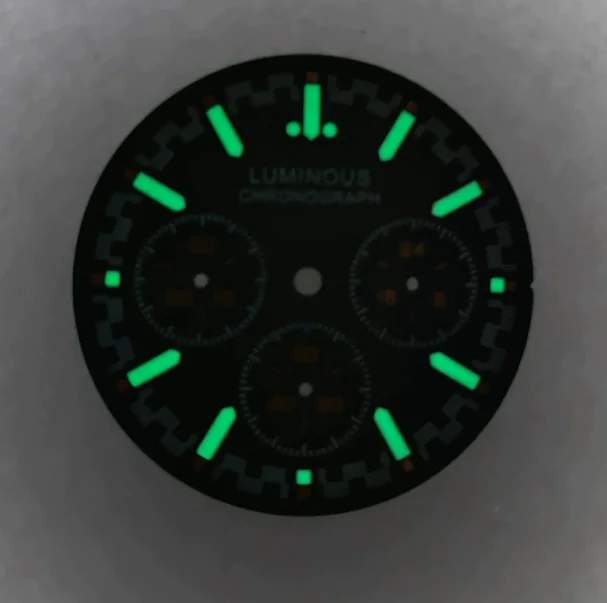 32.4mm Modified Dial – Watch Parts – Speedmaster Style 6-Hand – Green Lume – Fits VK63 Quartz Movement
