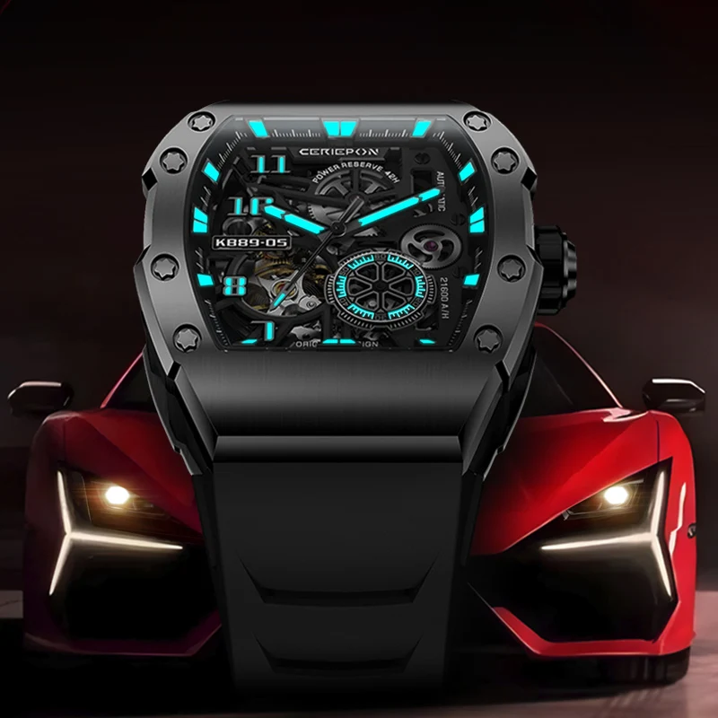 CERIEPON Automatic Mechanical Watch Green Luminous Men's Model Branded Hollowed Out Wine Barrel Shaped Men's Watch 5ATM