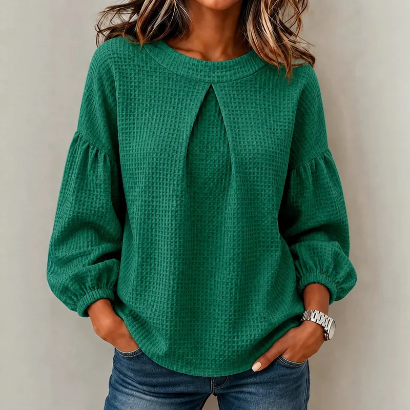 Ladies Casual Waffle Texture Long Sleeve Tops Loose Puff Sleeve Crew Neck Comfortable Daily Wear Blouses For Women Outdoor Home view 4