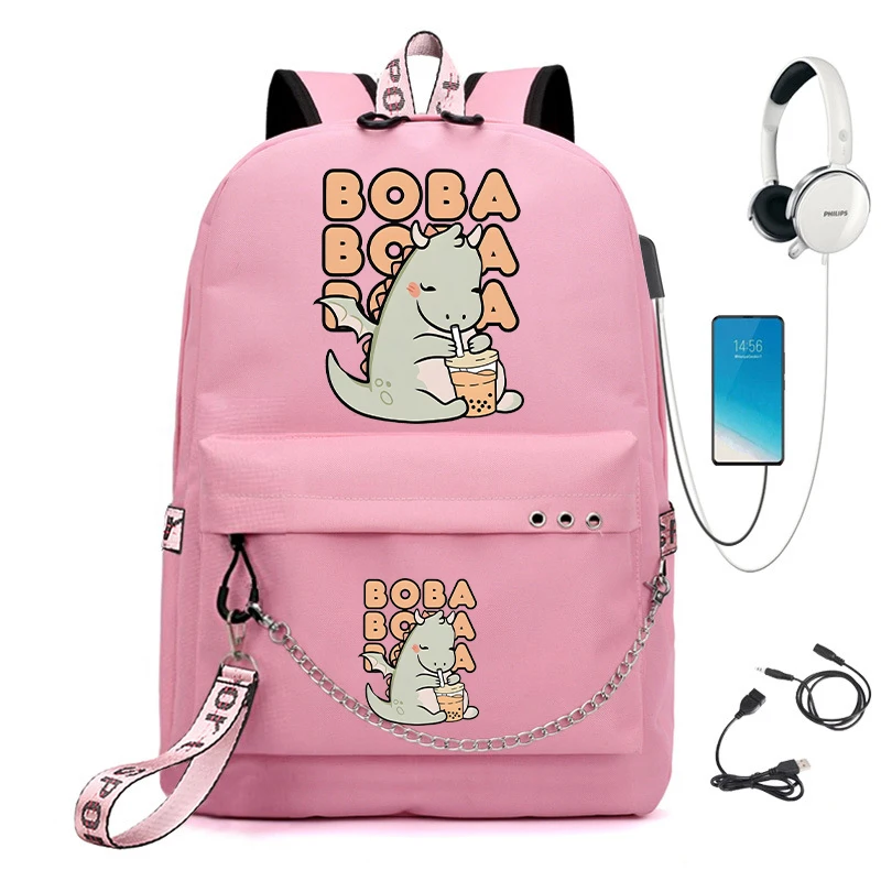 DINOSAUR BUBBLE MILK TEA Print School Bags for Student Teens Girls Backpack Cartoon Teenager Backpack Back To School Schoolbag