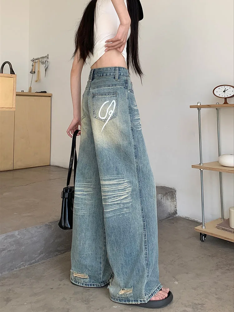 

American style printed design with perforated straight leg jeans women's summer high waisted loose trendy wide leg pants