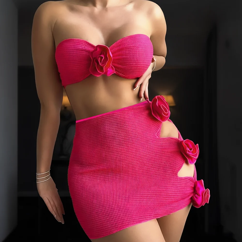 

Sexy 3D Flower Bandeau Bikinis Women 3 Piece Swimsuit With Wrapped Swimdress Skirted Bikini Swimwear High Waisted Bathing Suit