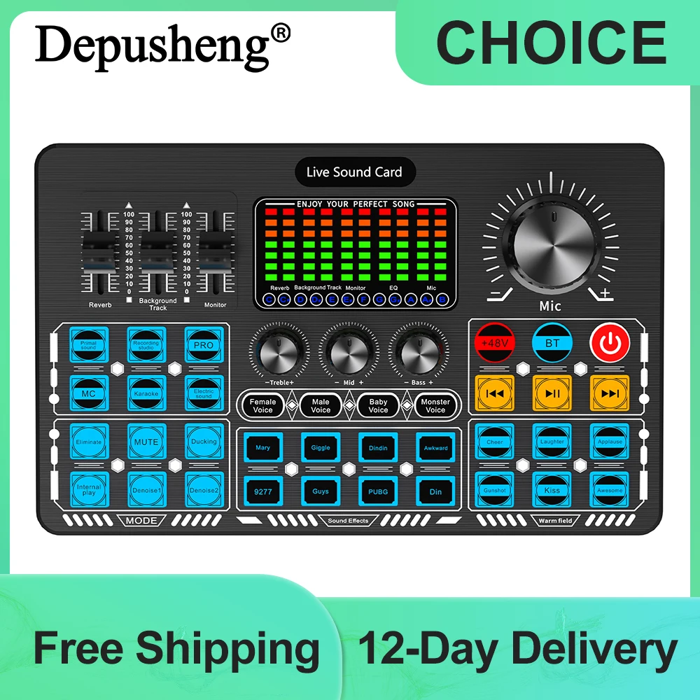 Live Sound Card Audio Interface Depusheng Q6S with DJ Mixer Effects and Voice Changer Bluetooth Stereo for Youtube Streaming