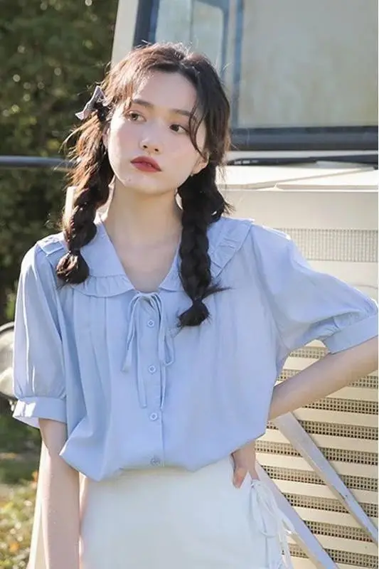 

Shirts Women Chiffon Polka Dot Tie Cuff Relaxed Fit Weekend Brunch Korean Sweet Blouse For Girlish Women Social Leisure Event