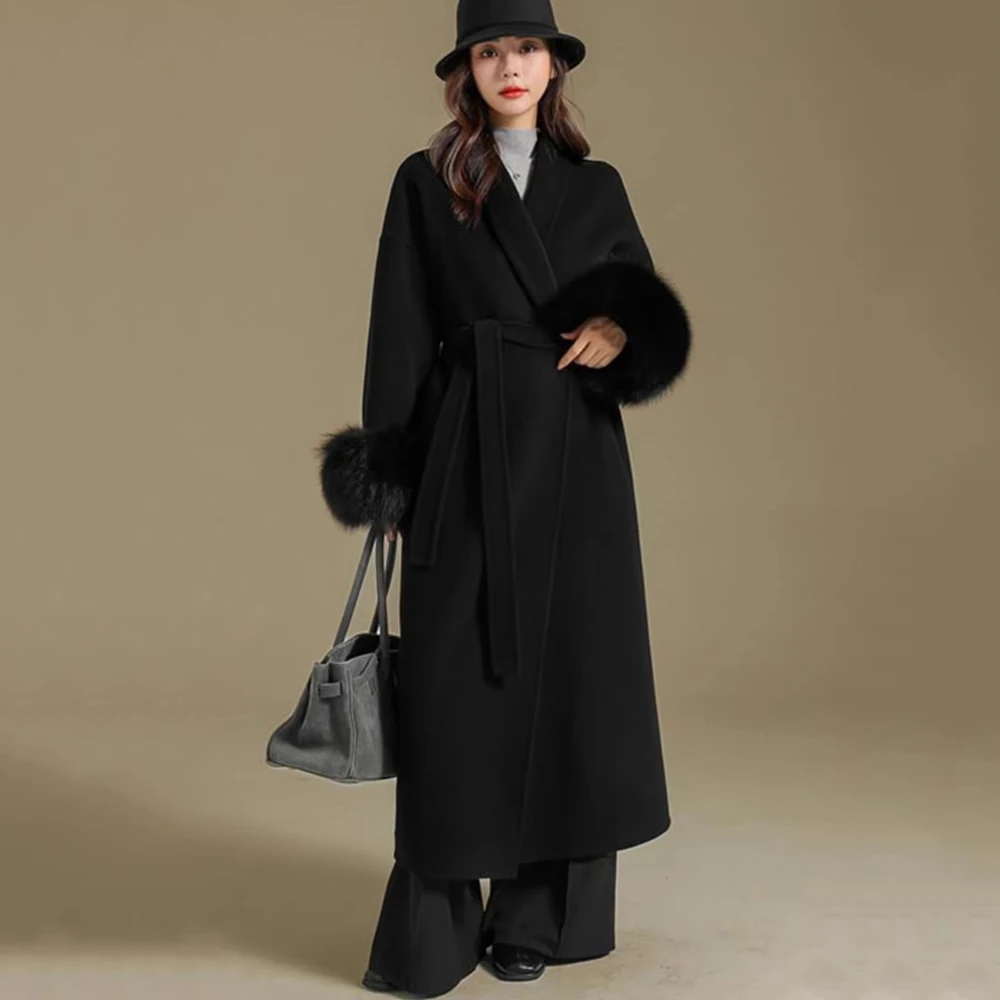 

New Women Double-fecedWool Coat Spring Autumn Fashion V-Neck Slim Waist With Belt Wool Blends Coat Elegant Loose Long Coat