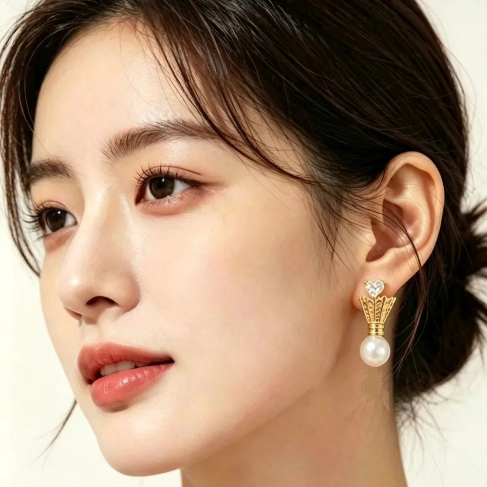 Fun Creative Luxury Crystal Stereo Hollowed-out Badminton Stainless Steel Hoop Earrings for Women Sports Leisure Jewelry Gifts