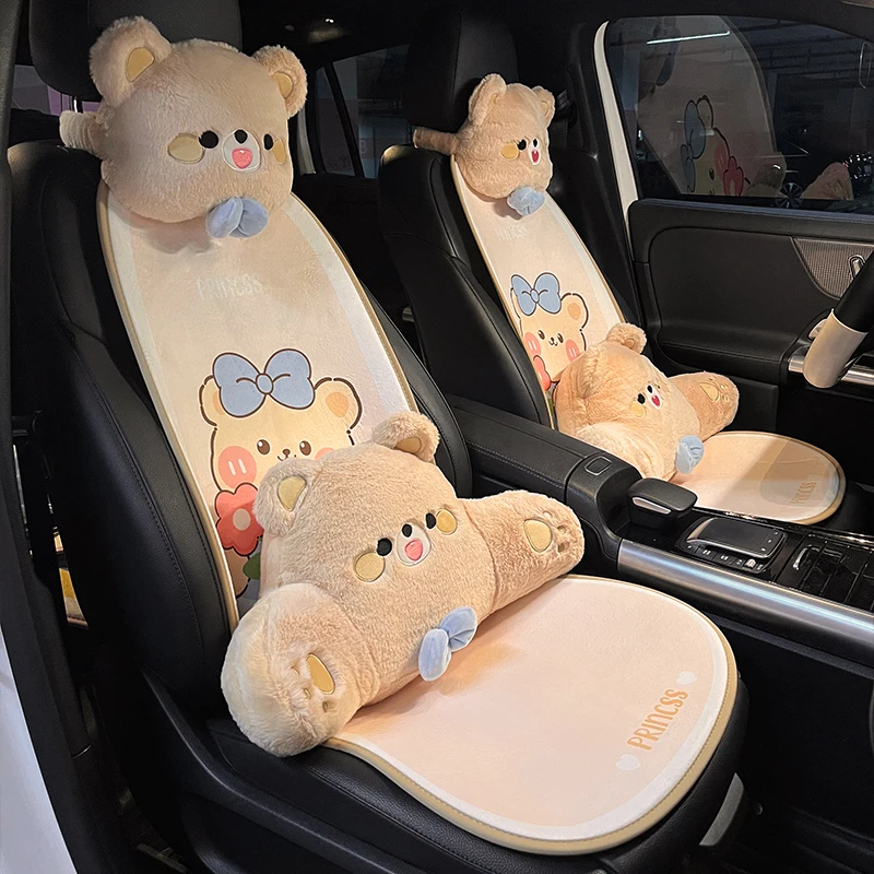 New Cartoon Cute Bear Four Seasons Universal Winter Plush Rear Backrest Car Seat Cushion Cover Car Interior Accessories