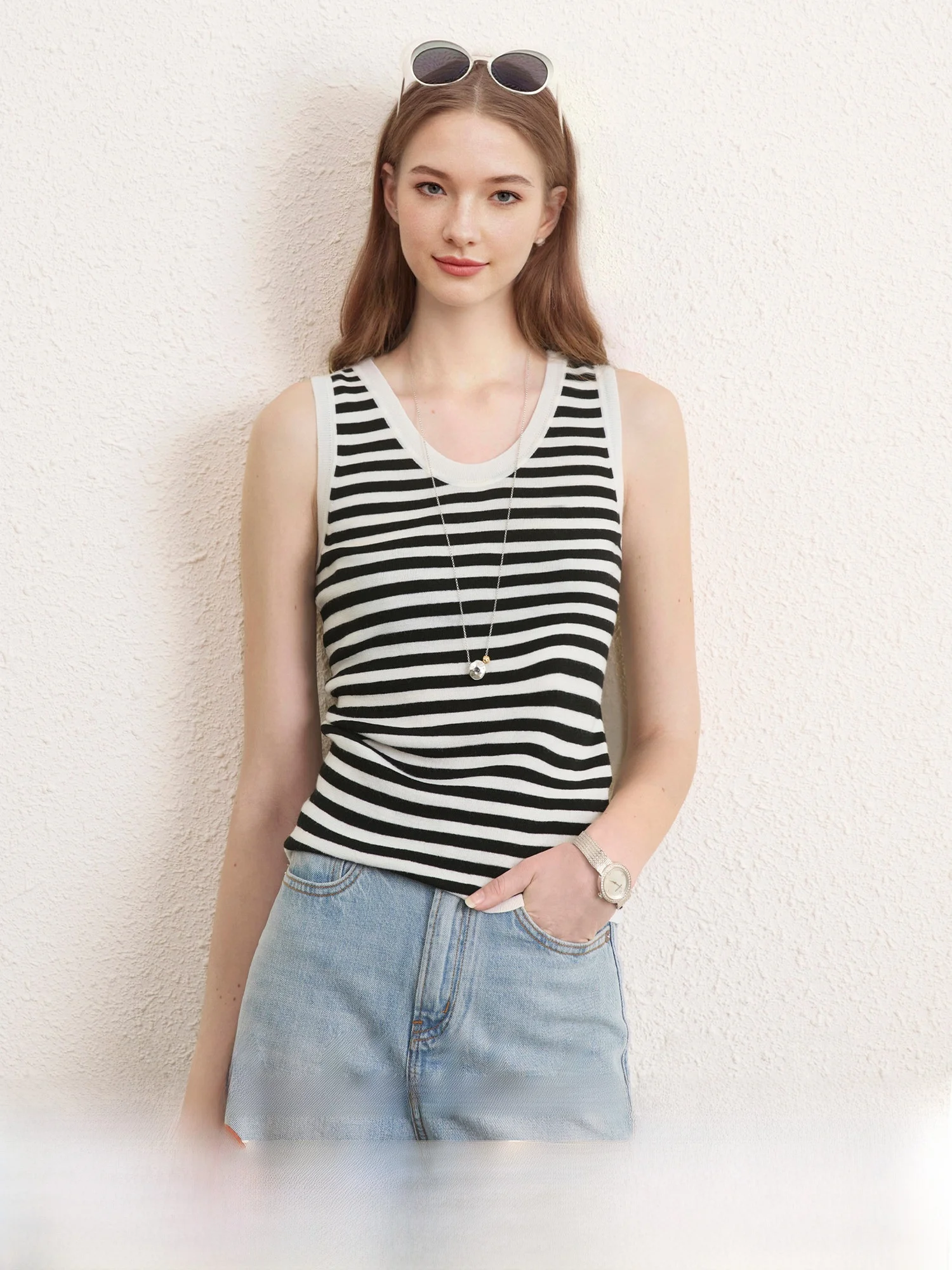 

Классический полосатый вязаный жилет женский, модный, из 60-ниточной 100% шерсти NAGUAGU, осенний, для повседневной носки, стандартный крой, смесовая ткань с хлопком