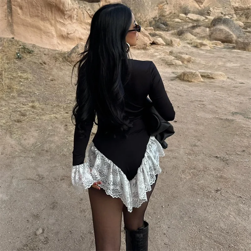 Black White Lace Women Jumpsuit Full Sleeves Sexy Short Pants Sheath Casual Hot Girl Formal Wedding Birthday Evening Wear